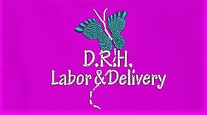 Ad graphic of two baby feet prints that are made to look like a butterfly. D.R.H. Labor and Delivery